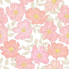 Fototapeta na wymiar seamless white floral background with pink flowrs background