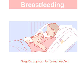 Mother and new baby in bed in hospital.