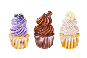Watercolor set of cupcakes with blueberry, banana and chocolate isolated on a white