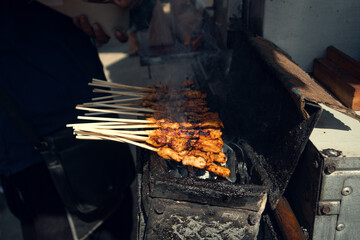 Indonesian chicken satay, street food in traditional markets