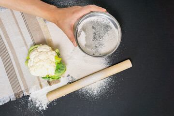 gluten free baking, vegetable cauliflower. Alternative to wheat flour for keto paleo diet concept