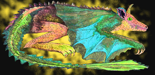 multi-colored mystical dragon with wings and a long tail on a dark background