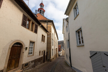 Cobbled road with historic houses in Meisenheim