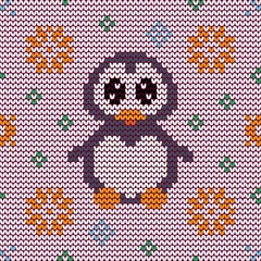 Jacquard knitted seamless pattern with cute penguin and snowflakes. Winter background with nature and animals. Scandinavian style. Vector illustration.