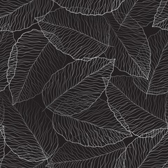 seamless black abstract  floral background with grey  leaves. Thin lines are drawn with a pencil