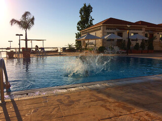 Splach in a swimming pool with bright sun and palm tree