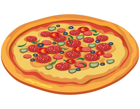 Salami pizza with tomatoes, cucumbers and olives. Italian fast food in cartoon style.