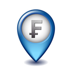 Swiss Franc symbol on Mapping Marker vector icon.