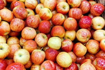 red, apples on boxes in supermarket. Apples being sold at public market. Organic food