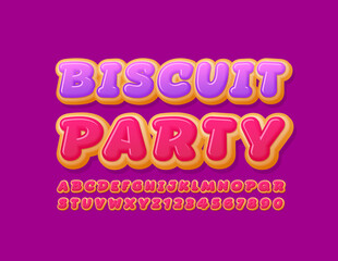 Vector happy banner Biscuit Party with Donut Alphabet Letters and Numbers. Sweet comic Font