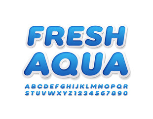 Vector eco concept Fresh Aqua with Blue and White sticker Font. Modern creative Alphabet Letters and Numbers