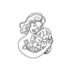 Woman hugs an abstract tree. Linear style.