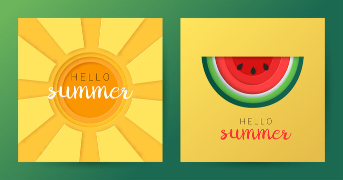 Hello Summer paper cut backgrounds. Paper sun and watermelon illustrarion. Vector design
