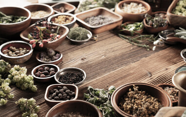 Large spice and herb collection in bowls and spoons forming an abstract background.