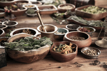 Large spice and herb collection in bowls and spoons forming an abstract background.