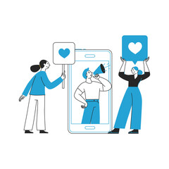 Vector illustration in flat simple style with characters - influencer marketing concept