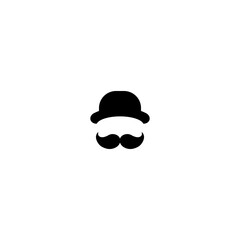 Gentleman icon isolated on white background. Silhouette of man's head with big moustache and bowler hat.