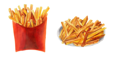 Set of French fries isolated on a white background. French fries in a red box. Fried potatoes on a plate. Watercolor illustration. Collection of fast food.