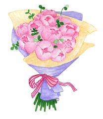 Bouquet of peonies.Watercolor painted white background