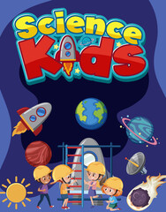 Science kids logo with kids wearing engineer costume with space objects
