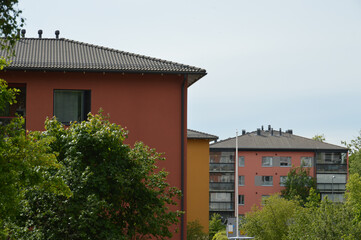 Rooftop view of characteristic residential apartment buildings in the neighbourhood called Tuomarila in Espoo, Finland.