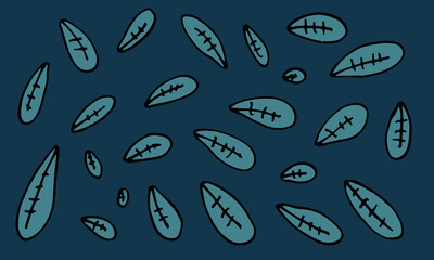 Collection of hand drawn leaves. Doodle illustration. Simple floral elements isolated on dark green background