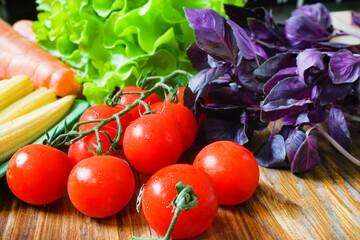 Close up of various colorful raw vegetables