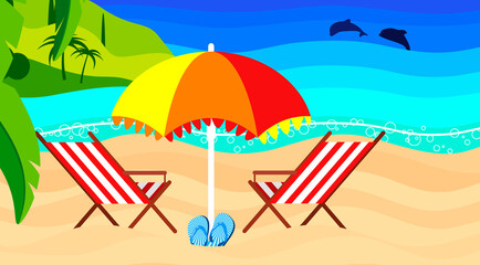Fototapeta na wymiar Seascape: sandy beach, beach umbrella, dolphins in the ocean, palm leaves, lighthouse on the cape, summer sky.