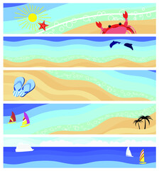 Set of sea beach banners: sun, crab, flip flops, yachts, palm trees, sandy beach, dolphins in the ocean.