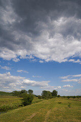 Empty meadow pasture for cows, cattle, lambs. On a cloudy but sunny summer day. T&aacute;pi&oacute;bicske - Hungary