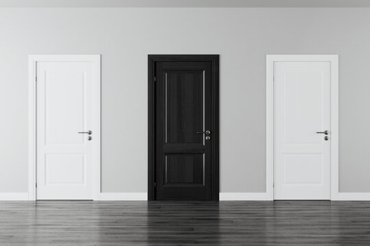 White empty space interior with black and white doors