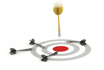 Golden and grey dart with dartboard. Golden dart in motion and hitting the center of target. Sales and marketing concept. 3d illustration.