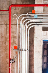 wiring pipe system under concrete wall. Building interior concept