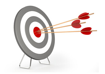 Realistic detailed red and grey dartboard with red dart or arrow. 3d illustration.