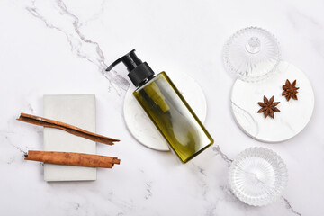 Cosmetic bottle containers on marble background, Blank label package for branding mock-up, Natural organic beauty product concept, Research and development of purified botany skincare.