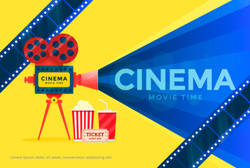 Cinema festival banner. Movie time poster with camera. Vector illustration
