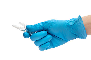 Hand in medical glove holding glass ampule. Isolated on white.