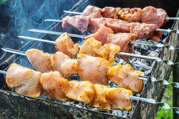 Raw meat cooking on skewers on barbecue grill. Close up.