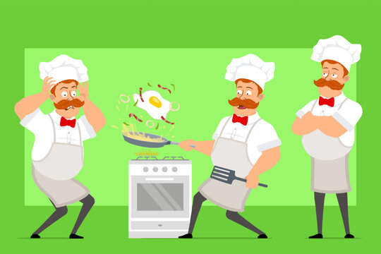 Cartoon flat funny fat chef cook man character in white uniform and baker hat. Boy scared and cooking fried egg with bacon. Ready for animation. Isolated on green background. Vector icon set.