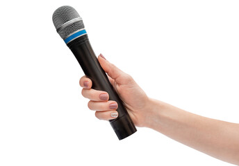 Woman's hand holding microphone for singing. Close up. Isolated on white.