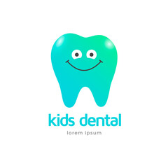 Kid's dental clinic logo template. Icon character tooth smiling. Vector illustration