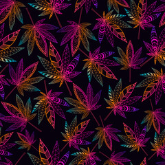 Bright hallucinogenic trippy fantastic cannabis leaves, rainbow neon gradient outline color.