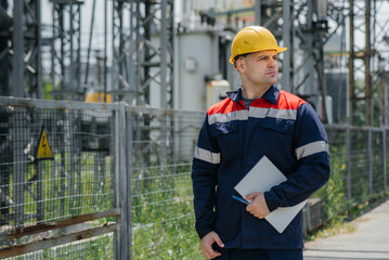 The energy engineer inspects the equipment of the substation. Power engineering. Industry.