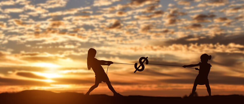 Silhouette Of Two Girl Pulling Rope Dollar At Sunset Background.