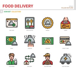 food delivery icon set,filled outline style,vector and illustration
