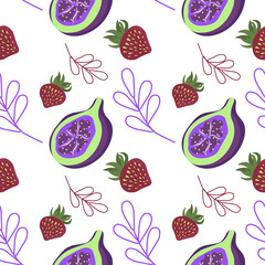 vector illustration . repeating pattern, summer fruit theme, berries, figs,eaves, fruits, print blank, textile