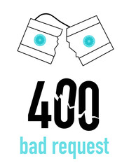 400 system error. Bad or invalid request. Website template or banner. Broken videotape or cassette. Vector illustration with technical problem.Support service.Wrong internet results.Сracked numbers.