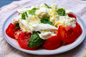 Ingredients for vegetarian caprese salad, buffalo mozzarella cheese, fresh basil, tomatoes, olive oil. Italian food served outdoor on terrace