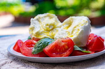 Ingredients for vegetarian caprese salad, buffalo mozzarella cheese, fresh basil, tomatoes, olive oil. Italian food served outdoor on terrace