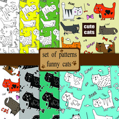 a beautiful set of patterns with funny cute cats and a set of cats isolated hand drawn colored and linear packaging paper gift sticker Notepad cover card